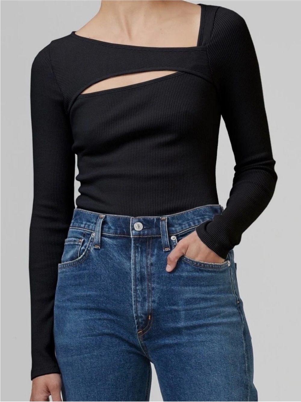 Citizens Of Humanity Black Ribbed Long-Sleeve Top with Chest Cutout